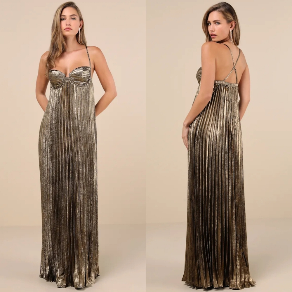 Lulus Brilliant Allure Gold Metallic Lurex Pleated Maxi Dress S Party Wedding